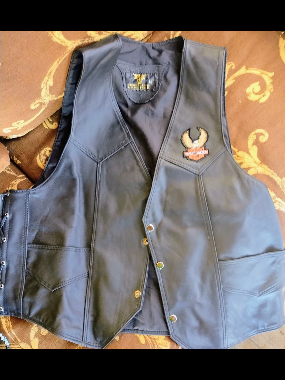 New w/o tags Harley-Davidson Black Leather Biker Vest with Winged Patch